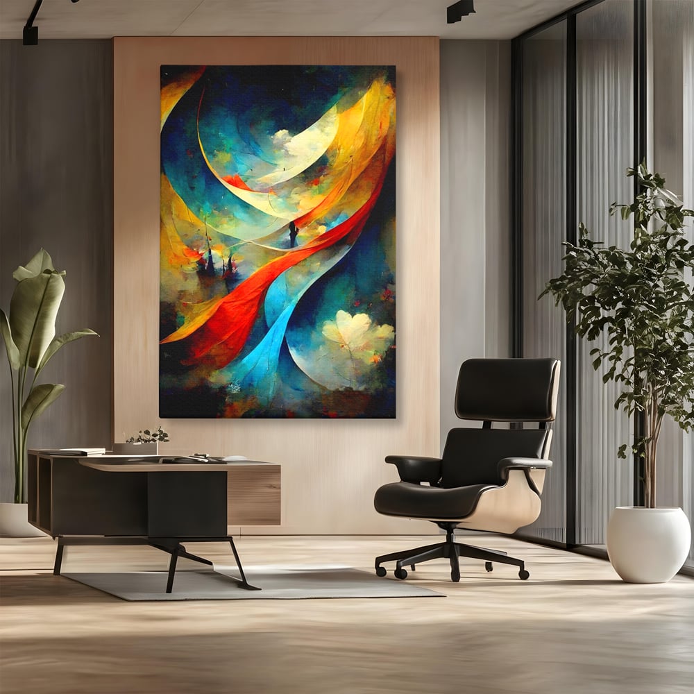 Tablou canvas cu pictura abstracta cu valuri colorate, fara rama, pe sasiu de lemn, pe perete intr-un birou